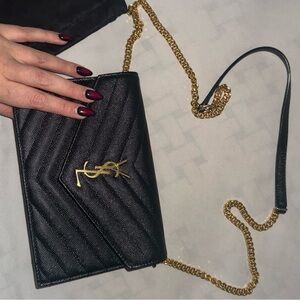 Yves Saint Laurent Black Chevron Clutch with Gold Chain